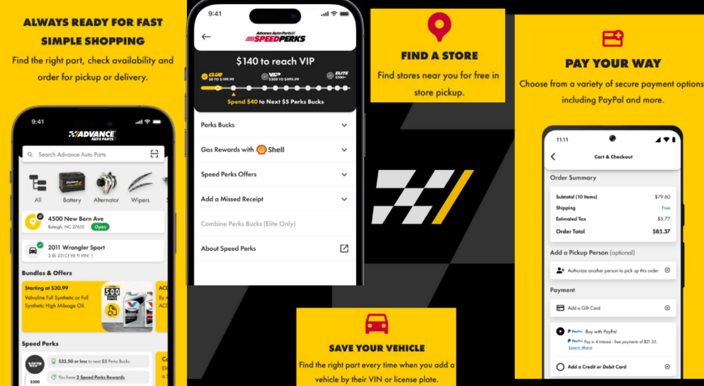 Advance Auto Parts mobile app showing parts search and store finder