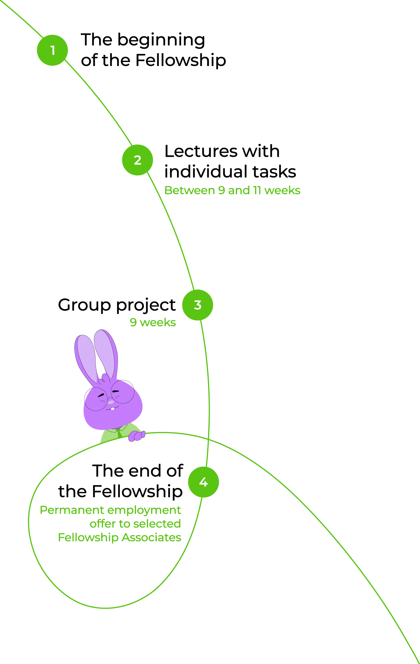 Fellowship program timeline: application and selection, between 9 and 11 weeks of training, 9 weeks of project work, and a permanent employment offer to selected Fellowship Associates.