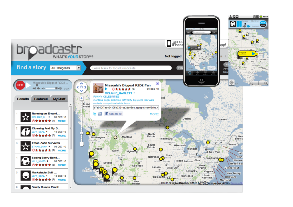 Web and mobile view of the Broadcastr application.